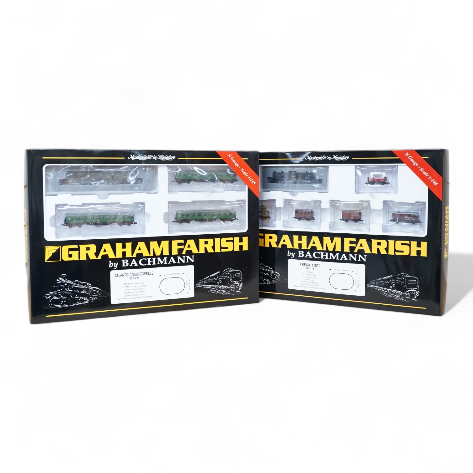 Two boxed Graham Farish by Bachmann N gauge railway train sets: an Atlantic Coast Express Set (370-225) and a Freight Set (370-175), both with locomotive and rolling stock, both missing track sections. Condition - good.
